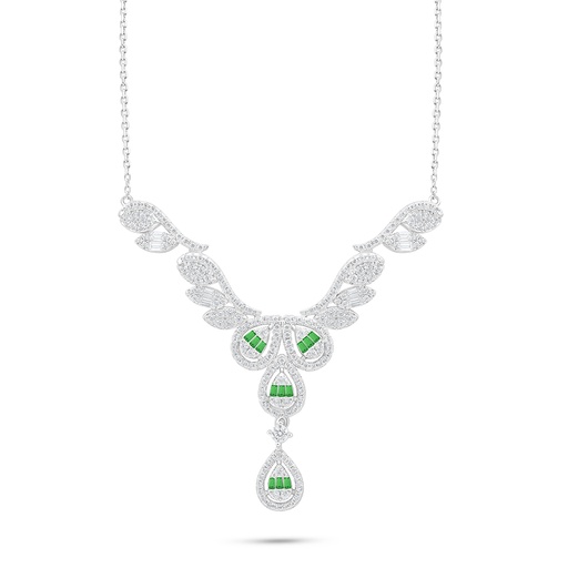 [NCL01EMR00WCZC169] Sterling Silver 925 Necklace Rhodium Plated Embedded With Emerald Zircon And White Zircon