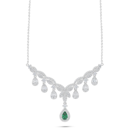 [NCL01EMR00WCZC171] Sterling Silver 925 Necklace Rhodium Plated Embedded With Emerald Zircon And White Zircon