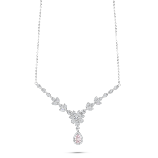 [NCL01PIK00WCZC172] Sterling Silver 925 Necklace Rhodium Plated Embedded With Pink Zircon And White Zircon