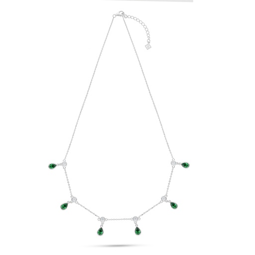 [NCL01EMR00WCZC190] Sterling Silver 925 Necklace Rhodium Plated Embedded With Emerald Zircon And White Zircon