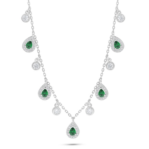 [NCL01EMR00WCZC192] Sterling Silver 925 Necklace Rhodium Plated Embedded With Emerald Zircon And White Zircon