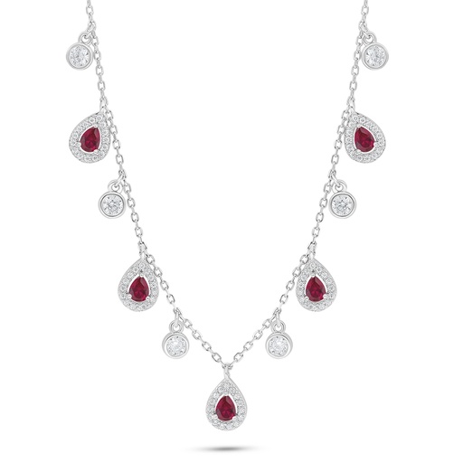 [NCL01RUB00WCZC192] Sterling Silver 925 Necklace Rhodium Plated Embedded With Ruby Corundum And White Zircon