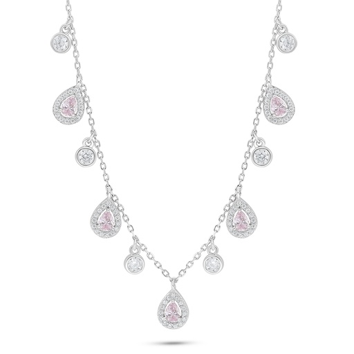 [NCL01PIK00WCZC192] Sterling Silver 925 Necklace Rhodium Plated Embedded With Pink Zircon And White Zircon