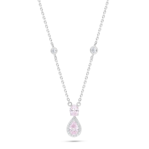 [NCL01PIK00WCZC209] Sterling Silver 925 Necklace Rhodium Plated Embedded With Pink Zircon And White Zircon