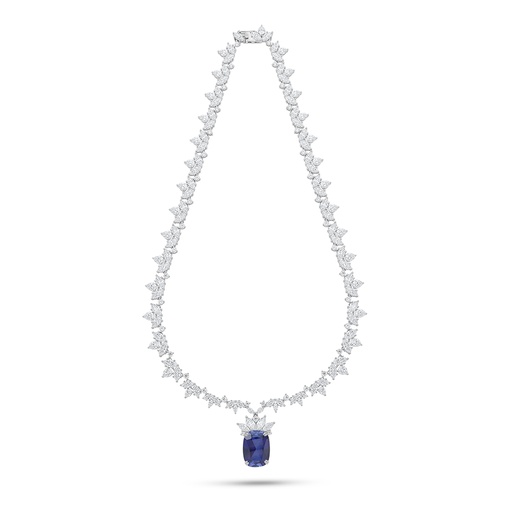 [NCL01SAP00WCZC215] Sterling Silver 925 Necklace Rhodium Plated Embedded With Sapphire Corundum And White Zircon