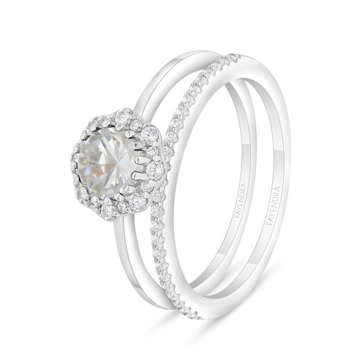 Sterling Silver 925 Ring (Twins) Rhodium Plated  Embedded With Yellow Diamond And White Zircon