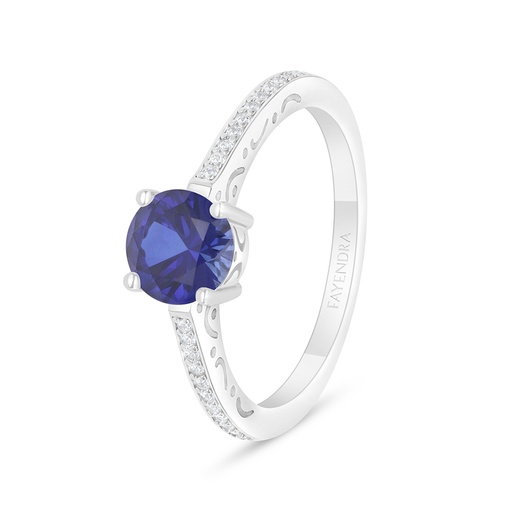 Sterling Silver 925 Ring Rhodium Plated Embedded With Sapphire Corundum And White Zircon