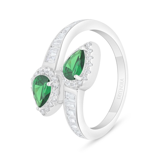 Sterling Silver 925 Ring Rhodium Plated Embedded With Emerald Zircon And White Zircon