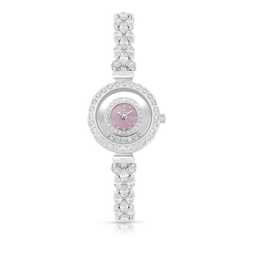 [WAT31WCZ00PIKW071] Stainless Steel 316 Watch Silver Plated Embedded With White Zircon - Pink MOP DIAL