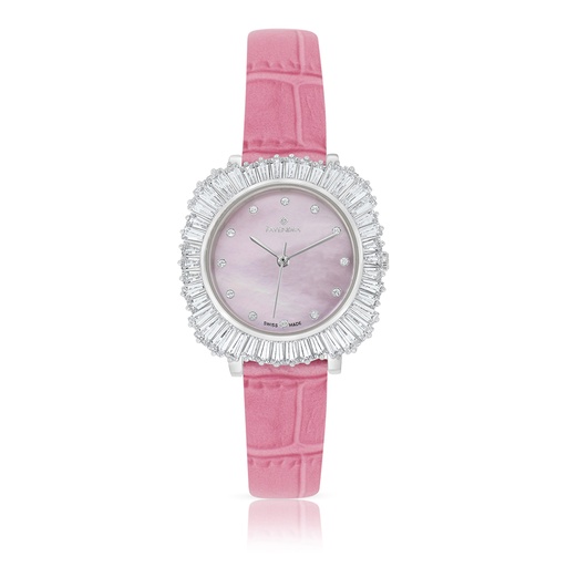 [WAT31WCZ00PIKW074] Stainless Steel 316 Watch Silver Plated And Pink Leather Embedded With White Zircon - Pink MOP DIAL