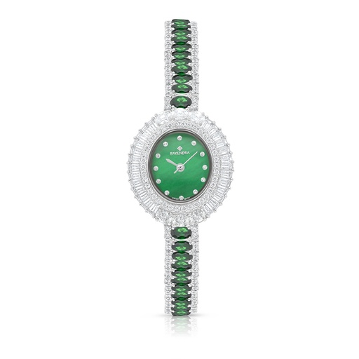 [WAT31WCZ00GRNW084] Stainless Steel 316 Watch Silver Plated Embedded With Emerald Zircon And White Zircon - GREEN MOP DIAL