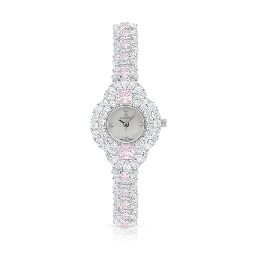 [WAT31WCZ02MOPW087] Stainless Steel 316 Watch Silver Plated Embedded With pink Zircon And White Zircon - MOP DIAL