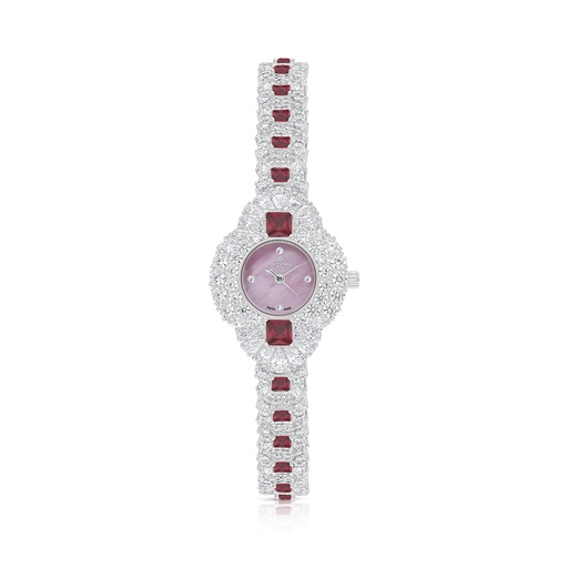 [WAT31WCZ00PIKW087] Stainless Steel 316 Watch Silver Plated Embedded With Ruby Corundum And White Zircon - Pink MOP DIAL