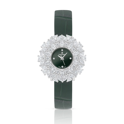 [WAT31WCZ00GRNW089] Stainless Steel 316 Watch Silver Plated And Green Leather Embedded With White Zircon - GREEN MOP DIAL