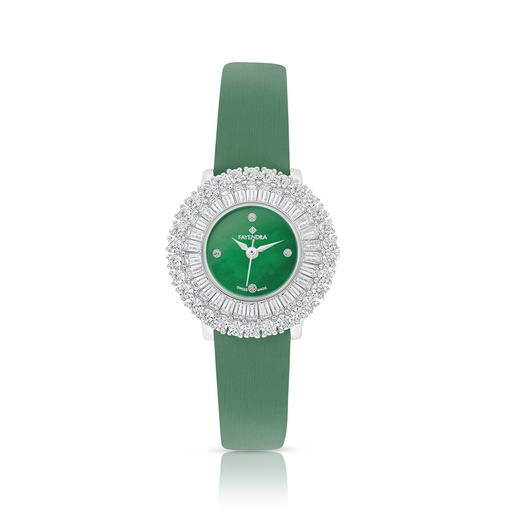 [WAT31WCZ00GRNW098] Stainless Steel 316 Watch Silver Plated And Green Leather Embedded With White Zircon - GREEN DIAL