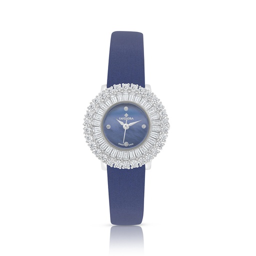 [WAT31WCZ00BLUW098] Stainless Steel 316 Watch Silver Plated And Blue Leather Embedded With White Zircon - BLUE MOP DIAL