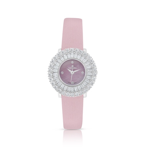 [WAT31WCZ00PIKW098] Stainless Steel 316 Watch Silver Plated And Pink Leather Embedded With White Zircon - Pink DIAL