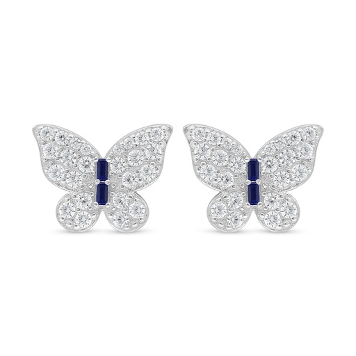 [EAR01SAP00WCZD373] Sterling Silver 925 Earring Rhodium Plated Embedded With Sapphire Corundum And White Zircon