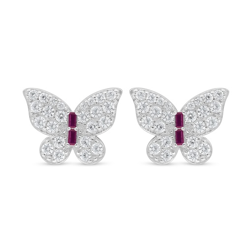 [EAR01RUB00WCZD373] Sterling Silver 925 Earring Rhodium Plated Embedded With Ruby Corundum And White Zircon