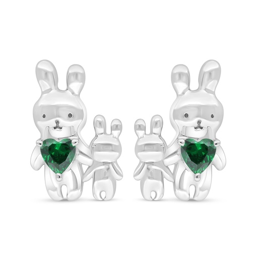 [EAR01EMR00000D379] Sterling Silver 925 Earring Rhodium Plated Embedded With Emerald Zircon 