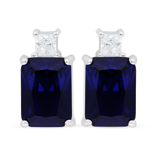 [EAR01SAP00WCZD452] Sterling Silver 925 Earring Rhodium Plated Embedded With Sapphire Corundum And White Zircon