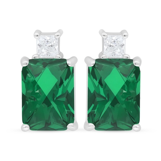 [EAR01EMR00WCZD452] Sterling Silver 925 Earring Rhodium Plated Embedded With Emerald Zircon And White Zircon