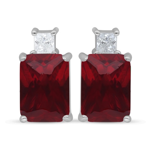 [EAR01RUB00WCZD452] Sterling Silver 925 Earring Rhodium Plated Embedded With Ruby Corundum And White Zircon
