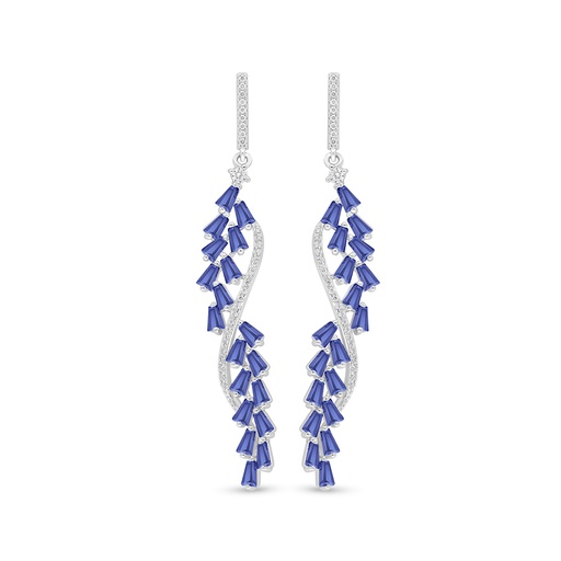 [EAR01SAP00WCZD497] Sterling Silver 925 Earring Rhodium Plated Embedded With Sapphire Corundum And White Zircon