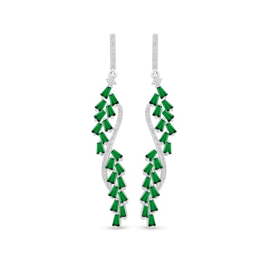 [EAR01EMR00WCZD497] Sterling Silver 925 Earring Rhodium Plated Embedded With Emerald Zircon And White Zircon