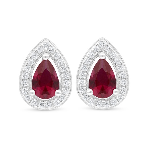 [EAR01RUB00WCZD518] Sterling Silver 925 Earring Rhodium Plated Embedded With Ruby Corundum And White Zircon