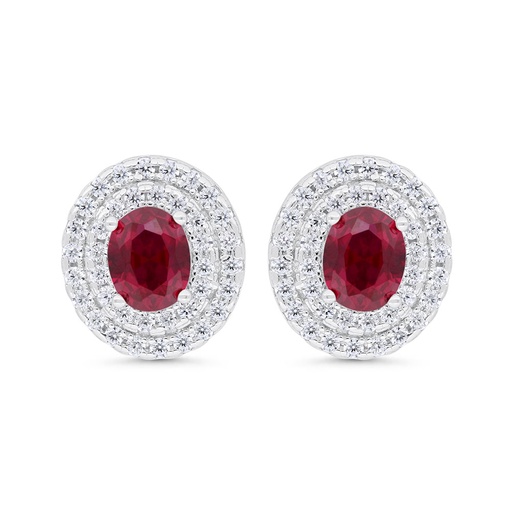 [EAR01RUB00WCZD526] Sterling Silver 925 Earring Rhodium Plated Embedded With Ruby Corundum And White Zircon