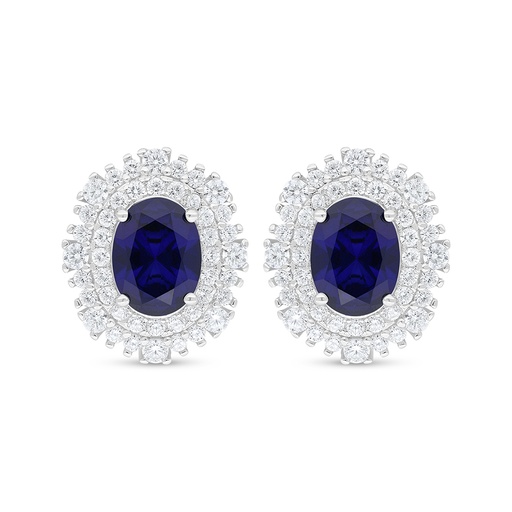 [EAR01SAP00WCZD527] Sterling Silver 925 Earring Rhodium Plated Embedded With Sapphire Corundum And White Zircon