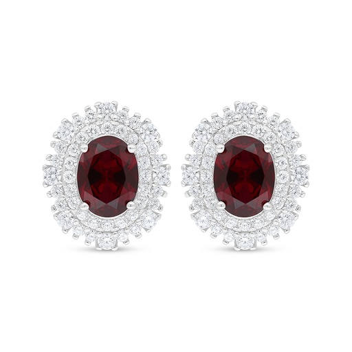 [EAR01RUB00WCZD527] Sterling Silver 925 Earring Rhodium Plated Embedded With Ruby Corundum And White Zircon