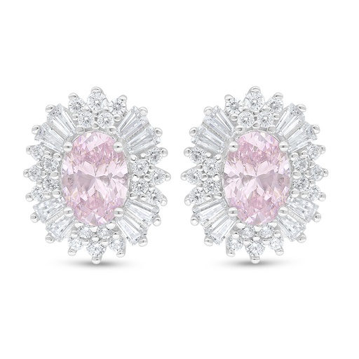 [EAR01PIK00WCZD527] Sterling Silver 925 Earring Rhodium Plated Embedded With Pink Zircon And White Zircon