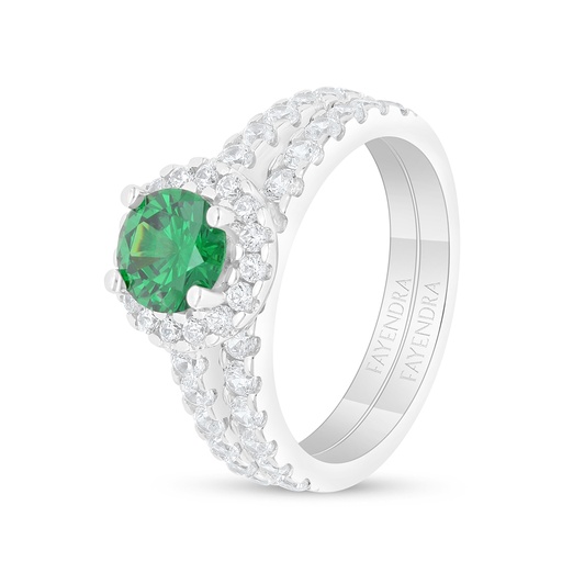 Sterling Silver 925 Ring (Twins) Rhodium Plated Embedded With Emerald Zircon And White Zircon