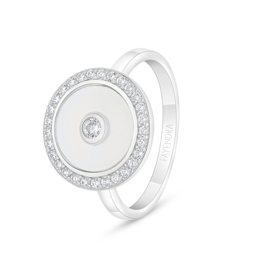 Sterling Silver 925 Ring Rhodium Plated Embedded With White Shell And White Zircon