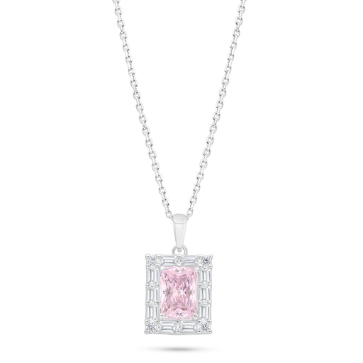[NCL01PIK00WCZC408] Sterling Silver 925 Necklace Rhodium Plated Embedded With Pink Zircon And White Zircon