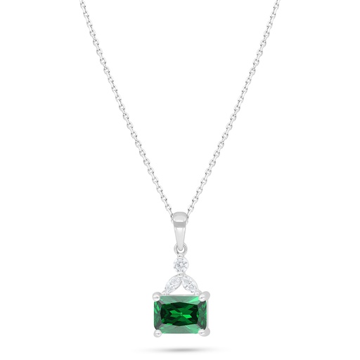 [NCL01EMR00WCZC427] Sterling Silver 925 Necklace Rhodium Plated Embedded With Emerald Zircon And White Zircon