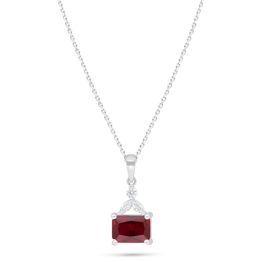 [NCL01RUB00WCZC427] Sterling Silver 925 Necklace Rhodium Plated Embedded With Ruby Corundum And White Zircon