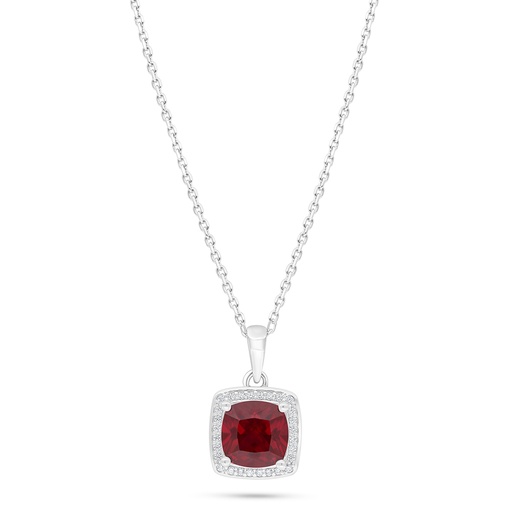 [NCL01RUB00WCZC428] Sterling Silver 925 Necklace Rhodium Plated Embedded With Ruby Corundum And White Zircon