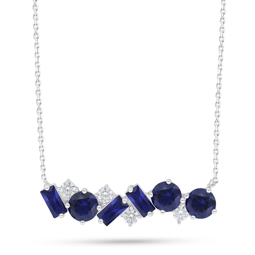 [NCL01SAP00WCZC435] Sterling Silver 925 Necklace Rhodium Plated Embedded With Sapphire Corundum And White Zircon