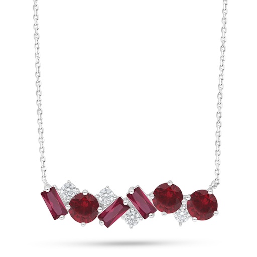 [NCL01RUB00WCZC435] Sterling Silver 925 Necklace Rhodium Plated Embedded With Ruby Corundum And White Zircon