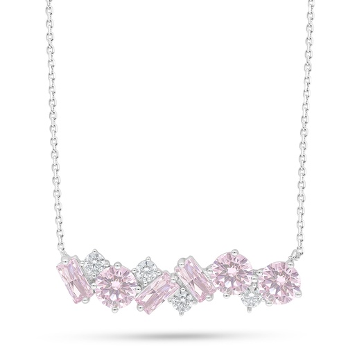 [NCL01PIK00WCZC435] Sterling Silver 925 Necklace Rhodium Plated Embedded With Pink Zircon And White Zircon