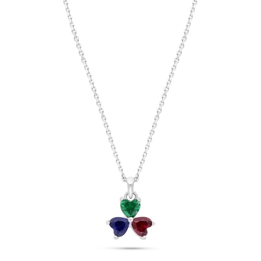 [NCL01MLS00000C522] Sterling Silver 925 Necklace Rhodium Plated Embedded With Emerald Zircon And Sapphire Corundum And Ruby Corundum