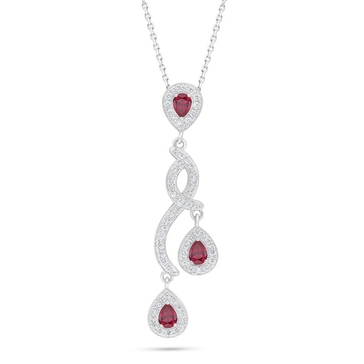 [NCL01RUB00WCZC534] Sterling Silver 925 Necklace Rhodium Plated Embedded With Ruby Corundum And White Zircon