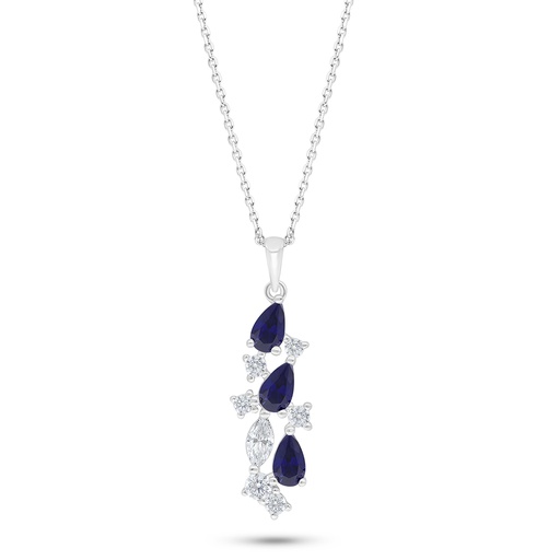 [NCL01SAP00WCZC535] Sterling Silver 925 Necklace Rhodium Plated Embedded With Sapphire Corundum And White Zircon