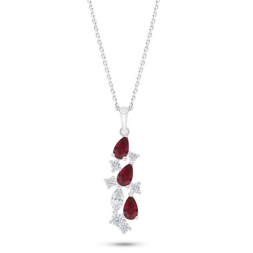 [NCL01RUB00WCZC535] Sterling Silver 925 Necklace Rhodium Plated Embedded With Ruby Corundum And White Zircon