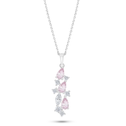 [NCL01PIK00WCZC535] Sterling Silver 925 Necklace Rhodium Plated Embedded With Pink Zircon And White Zircon