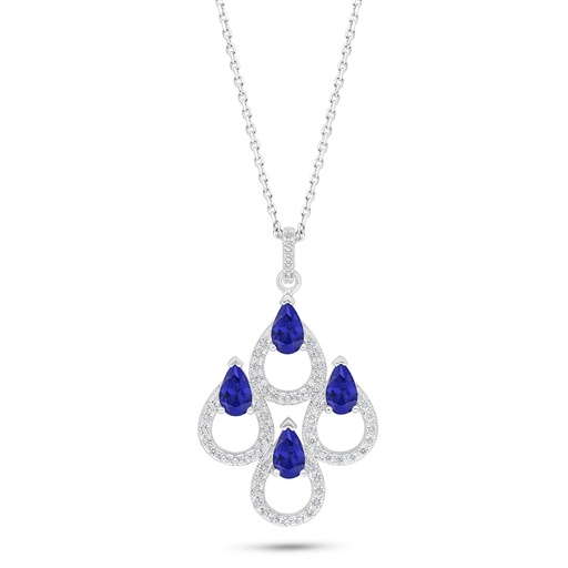 [NCL01SAP00WCZC537] Sterling Silver 925 Necklace Rhodium Plated Embedded With Sapphire Corundum And White Zircon