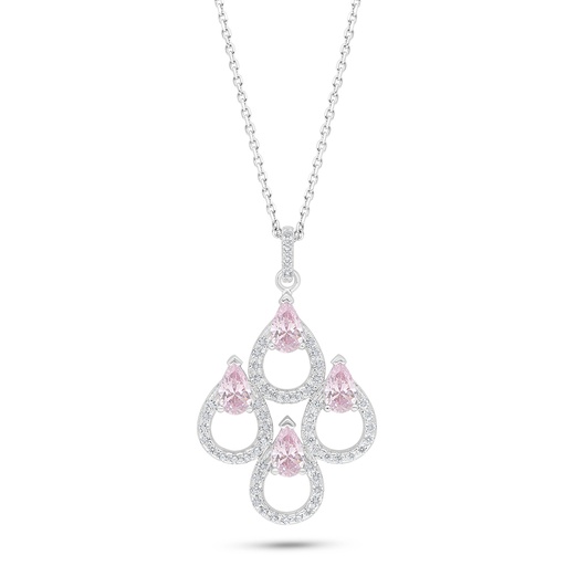 [NCL01PIK00WCZC537] Sterling Silver 925 Necklace Rhodium Plated Embedded With Pink Zircon And White Zircon